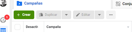 Imagen que muestra el boton de creación de campañas en la plataforma publicitaria de Meta (Ex Facebook).