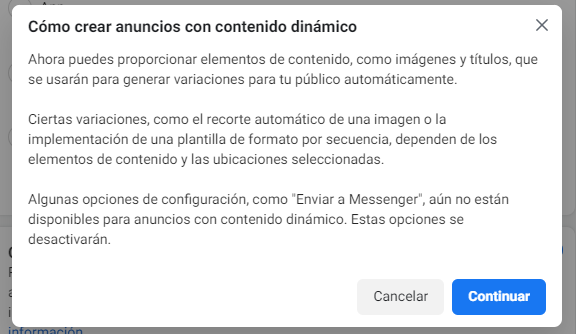 Captura de pantalla de la ventana modal de los anuncios con contenído dinámico que se muestra dentro del administrador de anuncios de Meta (ex Facebook).