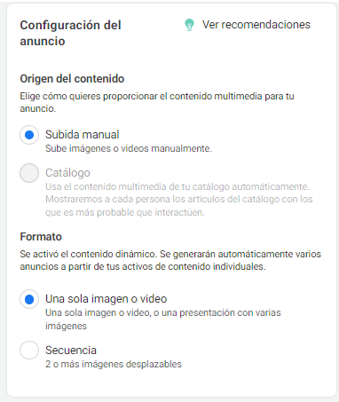 Captura de pantalla que muestra las opciones para los contenidos de anuncios dinamicos en Meta (ex Facebook).