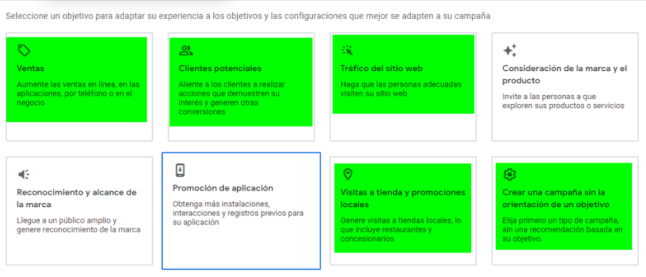 Captura de pantalla que muestra los objetivos disponibles para las campañas de máxima conversion de Google ADS