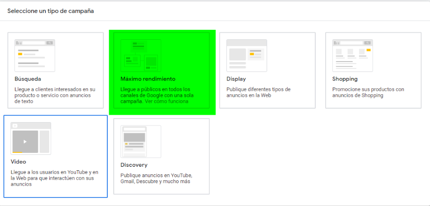 Captura de pantalla que muestra la selección "máximo rendimiento" en los tipos de campaña de Google ADS.