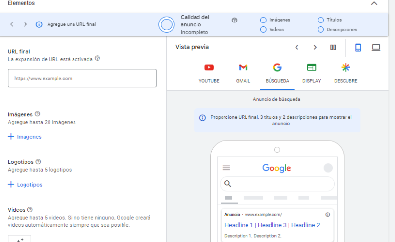elementos campañas máximo rendimiento Google ADS